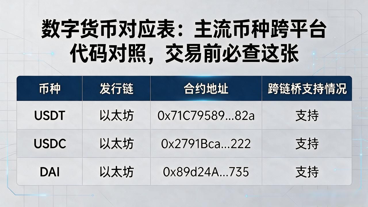 数字货币对应表_数字货币各平台代币代码对照表_USDT跨链充值网络区别