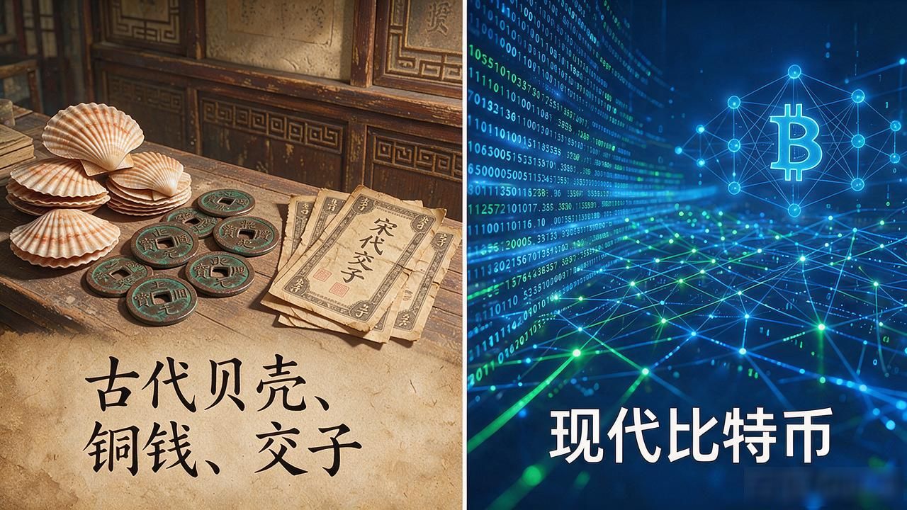 古代拿贝壳、铜钱交易，跟现在的比特币算不算一回事？答案是不一样，但底层逻辑有相通的地方。